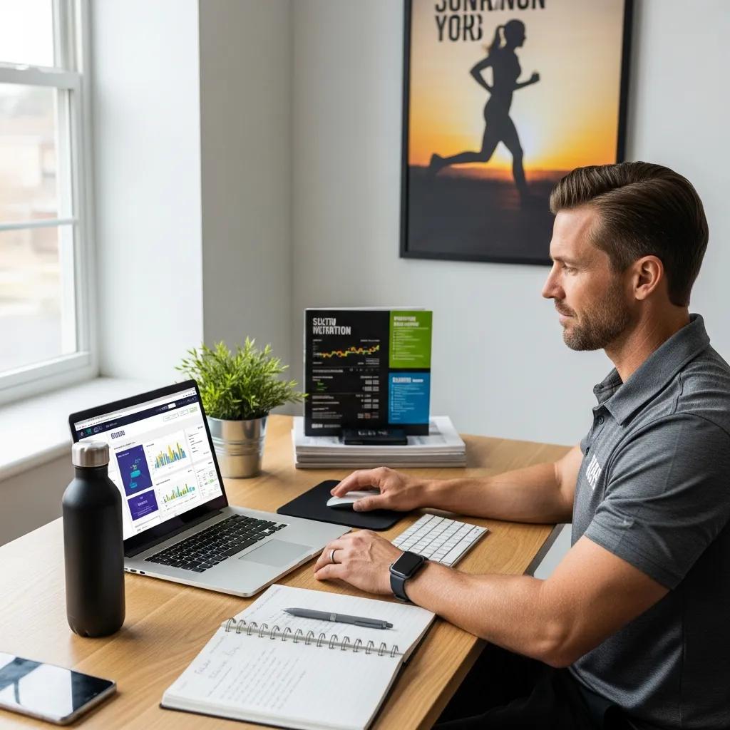Fitness coach analyzing SEO data and strategies at a desk