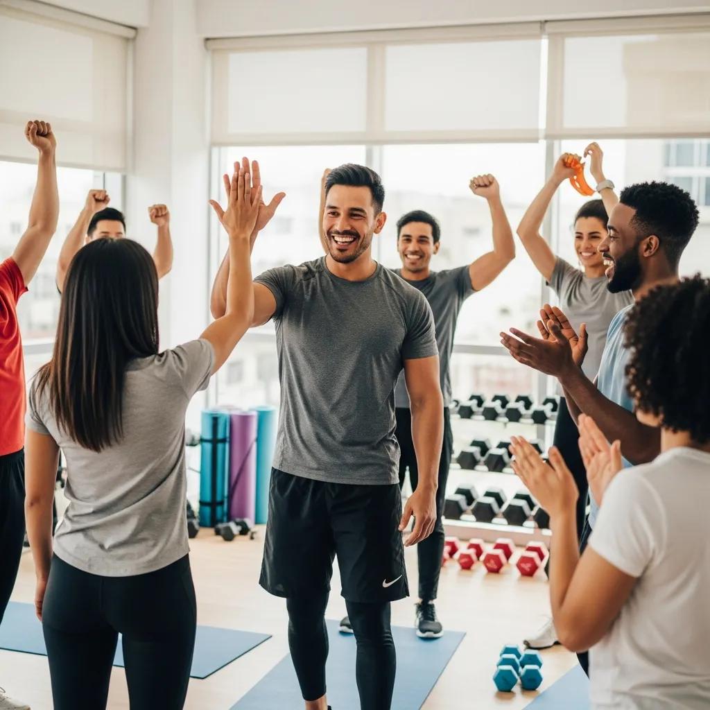 Fitness coach celebrating success with happy clients in a fitness class