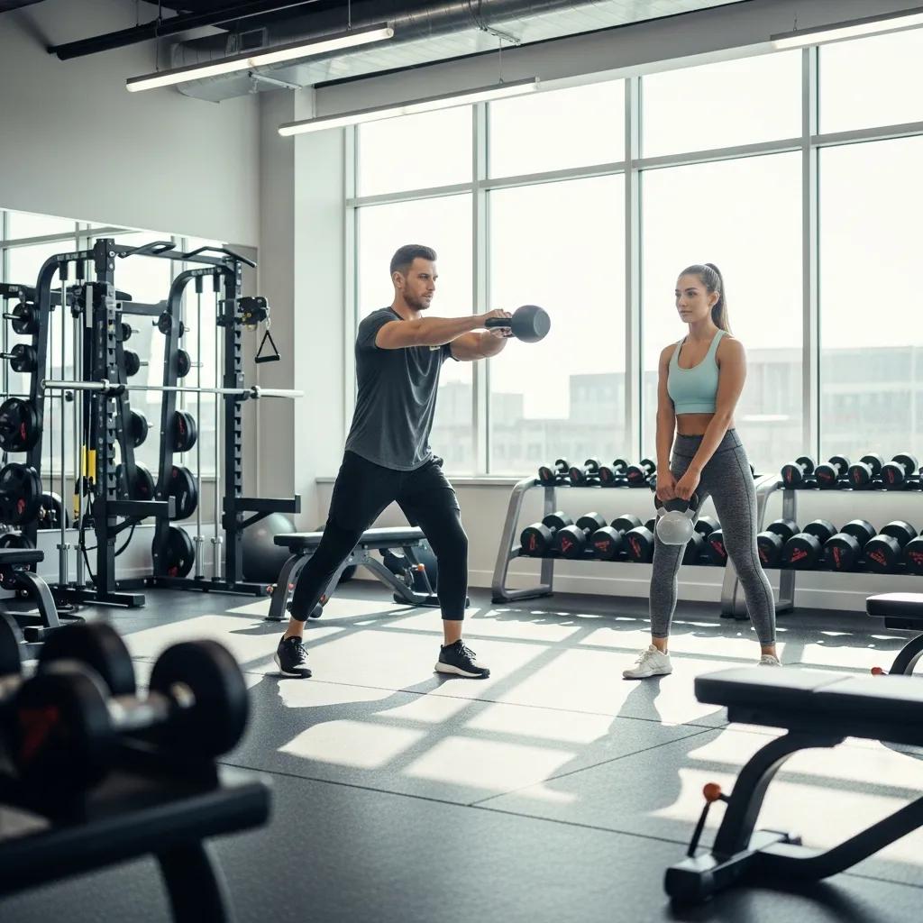 Fitness coach demonstrating exercise techniques to a client in a modern gym